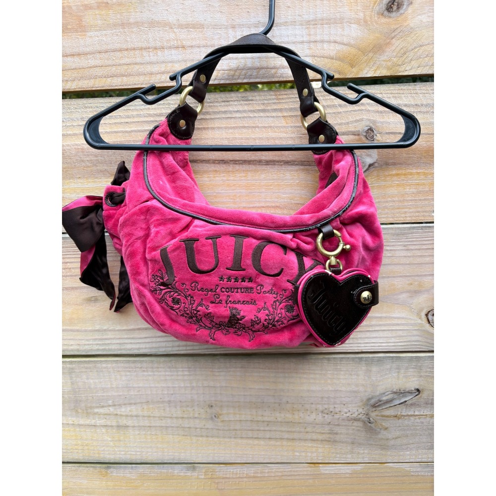 Juicy Couture Pink Velour Hobo Bag Regal Couture Party Y2K Bow Heart Charm